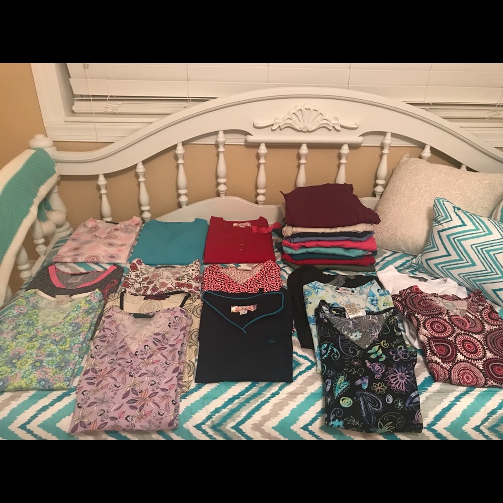 15 nursing scrub Tops and 10 scrub pants